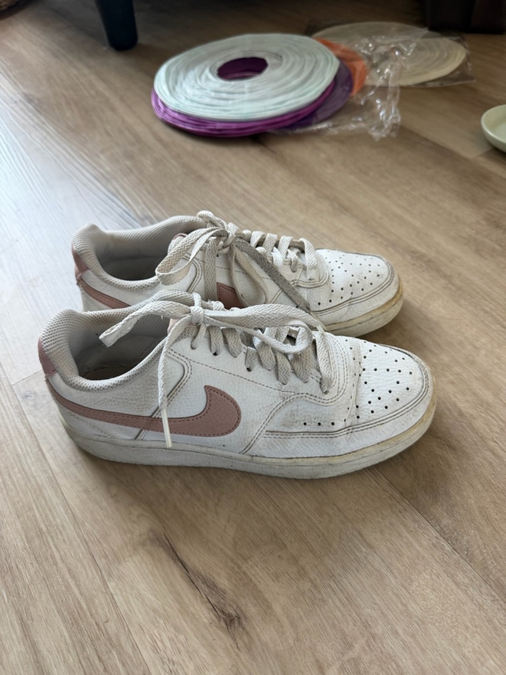 Nike White Sneakers with Mauve Swoosh